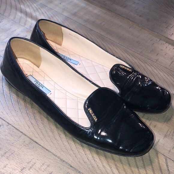 Prada Gold Logo Patent Leather Loafers Quilted Footbed. Sanitized and polished. - Picture 1 of 17